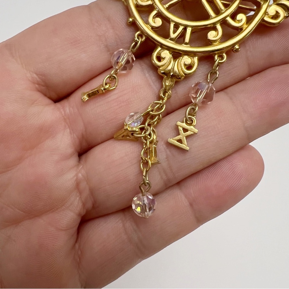 Vtg Kirks Folly Time Celebration Sundial Clock Dangle Crystal Goldtone Brooch - Picture 6 of 7
